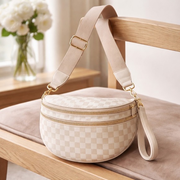 The Unbranded Brand Handbags - Beige Checkered Crossbody Bag Nylon Gold Hardware Adjustable Wide Strap Bum...